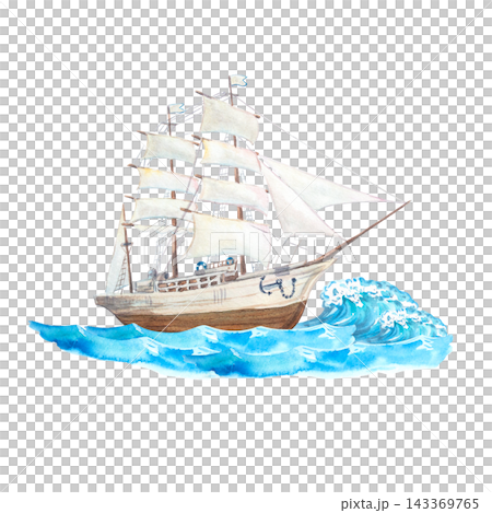 Watercolor vintage sailing ship with white sails on blue ocean wave. Hand drawn nautical illustration isolated on design element. Beautiful historic marine frigate drawing Watercolor vintage sailing ship with white sails on blue ocean wave. Hand drawn nautical illustration isolated on design element. Beautiful historic marine frigate drawing 143369765