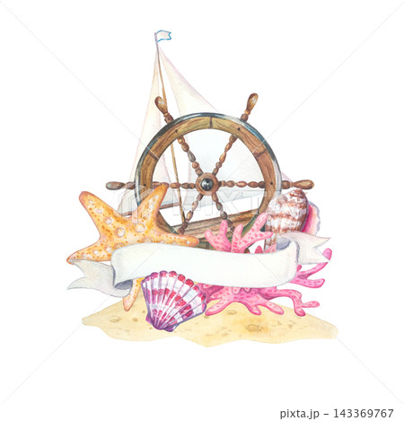 Watercolor nautical vignette with steering wheel, sailboat, starfish, shell and blank ribbon banner. Hand drawn marine illustration isolated on beach sand element. Coastal card design 143369767