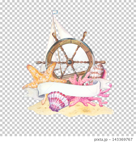 Watercolor nautical vignette with steering wheel, sailboat, starfish, shell and blank ribbon banner. Hand drawn marine illustration isolated on beach sand element. Coastal card design 143369767