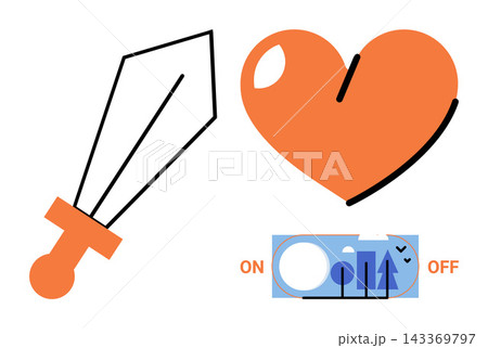 Sword heart and toggle switch vector illustration. Emotional regulation, mental health, self control, inner strength, balance, mindfulness. Blade and ticker icon with romantic symbol Sword heart and toggle switch vector illustration. Emotional regulation, mental health, self control, inner strength, balance, mindfulness. Blade and ticker icon with romantic symbol 143369797