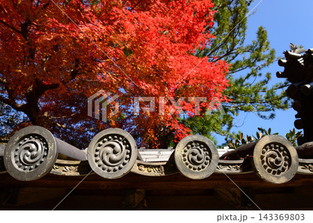 奈良県大和郡山市矢田寺 燃える紅葉を三つ巴の軒丸瓦が火消し 奈良県大和郡山市矢田寺 燃える紅葉を三つ巴の軒丸瓦が火消し 143369803