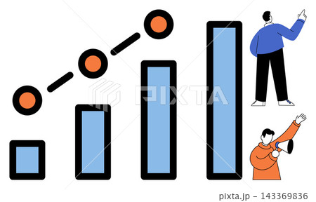 Bar chart with rising trend line and people characters vector illustration. Financial growth, business strategy, marketing analysis, success planning, corporate development, data reporting 143369836