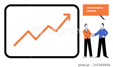 Two businessmen shaking hands next to a rising growth chart vector illustration. Success, partnership, finance, investment, corporate growth, professional agreement. Colleagues closing a deal Two businessmen shaking hands next to a rising growth chart vector illustration. Success, partnership, finance, investment, corporate growth, professional agreement. Colleagues closing a deal 143369888