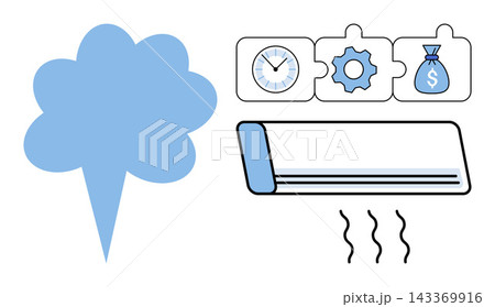 Air conditioner unit with puzzle icons and speech bubble vector illustration. Climate control, HVAC repair, energy efficiency, cost savings, professional maintenance, cooling system. AC device Air conditioner unit with puzzle icons and speech bubble vector illustration. Climate control, HVAC repair, energy efficiency, cost savings, professional maintenance, cooling system. AC device 143369916