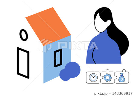 Woman standing next to a house with business icons vector illustration. Property investment, real estate management, home ownership, financial planning, housing market, asset growth. Female person 143369917