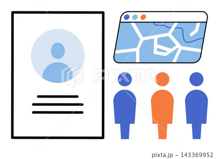 Profile document with user icon and people standing near a map vector illustration. Hiring, recruitment, job search, human resources, talent acquisition, staffing. Resume and personnel Profile document with user icon and people standing near a map vector illustration. Hiring, recruitment, job search, human resources, talent acquisition, staffing. Resume and personnel 143369952