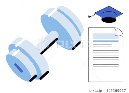 Dumbbell with graduation cap and document vector illustration. Physical education, academic achievement, sports science, degree program, health training, student wellness. Fitness equipment 143369967
