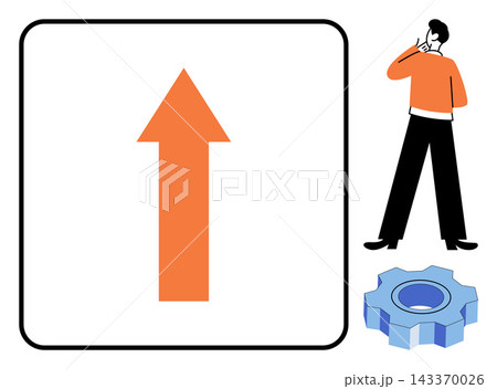 A man thinking next to an upward arrow and a gear icon vector illustration. Progress, development, problem solving, innovation, engineering, success. Person contemplating growth direction 143370026