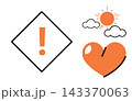 Warning sign with exclamation mark heart shape and sun vector illustration. Safety, weather, love, caution, climate, emotion. Alert symbol with clouds and romantic icon design elements 143370063