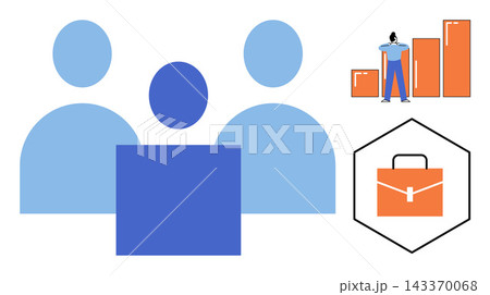 Business team and growth chart vector illustration. Corporate management, professional development, career growth, leadership, teamwork, office strategy. Group of employees and business icons 143370068