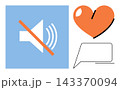 Mute speaker icon with heart shape and speech bubble vector illustration. Communication, social media, silence, feedback, interaction, digital expression. Sound off symbol with love sign 143370094