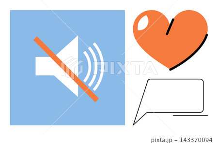 Mute speaker icon with heart shape and speech bubble vector illustration. Communication, social media, silence, feedback, interaction, digital expression. Sound off symbol with love sign Mute speaker icon with heart shape and speech bubble vector illustration. Communication, social media, silence, feedback, interaction, digital expression. Sound off symbol with love sign 143370094