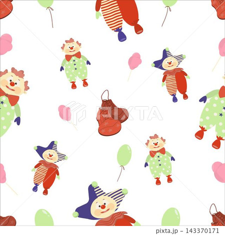 Clowns, boots, and ballsCute seamless pattern featuring cheerful colorful clown boots, and playful circus balls. Whimsical hand-drawn illustration in a fun children’s style with bright colors 143370171