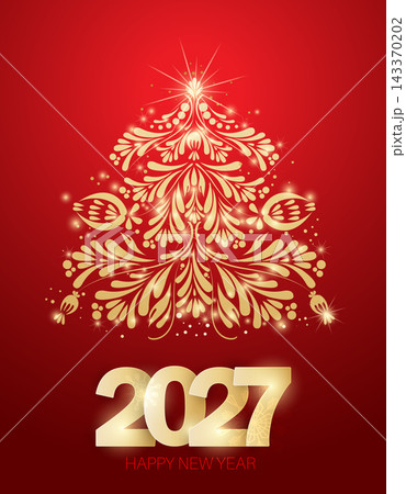 Festive New Year 2027 greeting card with floral tree. Vector Festive New Year 2027 greeting card with floral tree. Vector 143370202