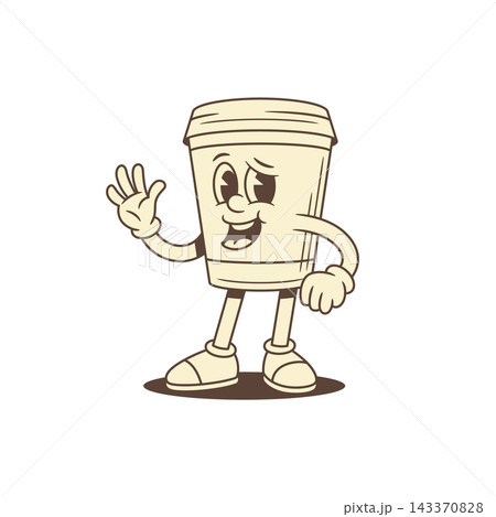 Funky comic coffee paper cup cartoon character waving hand contoured vector flat Funky comic coffee paper cup cartoon character waving hand contoured vector flat 143370828