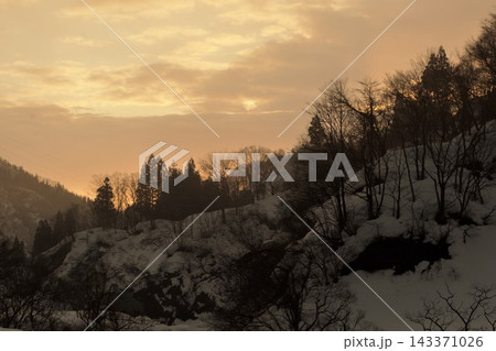 暖かな夕日に照らされる雪山の斜面と木々のシルエット 暖かな夕日に照らされる雪山の斜面と木々のシルエット 143371026