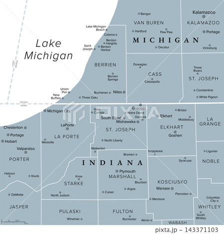 Michiana region, United States, gray political map. Region in northern Indiana and southwestern Michigan, centered on the city of South Bend. Map with county boundaries and largest settlements. Vector Michiana region, United States, gray political map. Region in northern Indiana and southwestern Michigan, centered on the city of South Bend. Map with county boundaries and largest settlements. Vector 143371103
