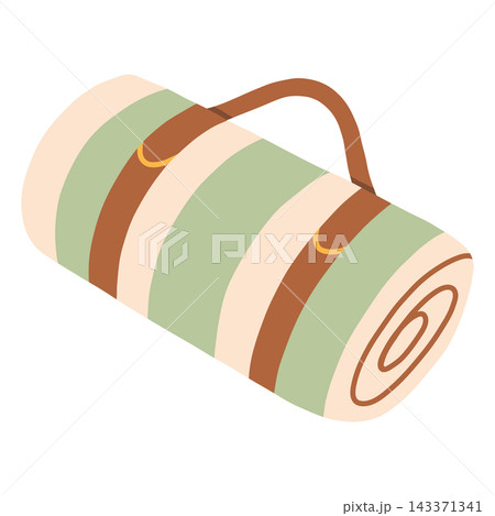 Rolled-up picnic mat with leather carrying strap vector illustration. Great for outdoor, camping, park leisure, summer, and lifestyle designs 143371341