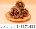 秋の味覚の栗の素材写真　イガグリの棘が栗の実を守っている 143371433