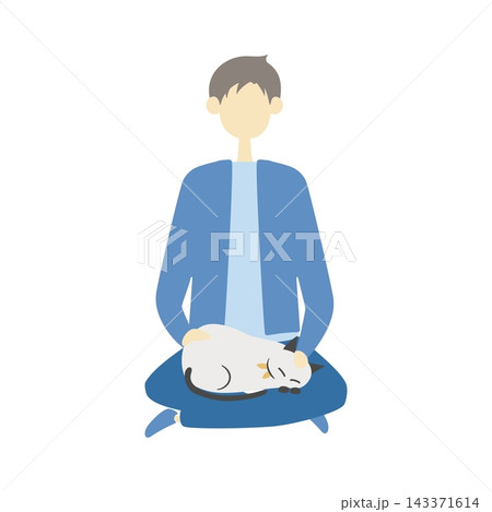 男性の膝の上で寝ている猫 男性の膝の上で寝ている猫 143371614