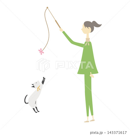 女性とねこじゃらしで遊んでいる猫 143371617