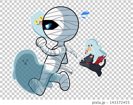 A black cat and a ghost chase a mummy. A black cat and a ghost chase a mummy. 143372455