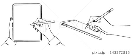 タブレットをタッチペンで操作する手元のシンプル手書き風線画イラスト(ビジネス、クリエイティブ、学習) タブレットをタッチペンで操作する手元のシンプル手書き風線画イラスト(ビジネス、クリエイティブ、学習) 143372816