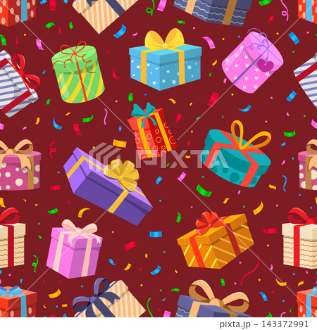 Red Seamless Pattern With Gift Boxes And Confetti 143372991