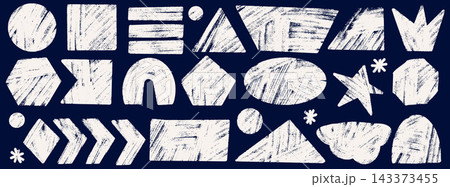 Chalk geometric figures with crayon pastel texture on blackboard. Hand drawn white rectangle shapes and naive tags for kindergarten board. Vector geometric set of childish shape elements isolated Chalk geometric figures with crayon pastel texture on blackboard. Hand drawn white rectangle shapes and naive tags for kindergarten board. Vector geometric set of childish shape elements isolated 143373455