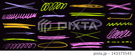 Pen doodle set with bright underlines. Pink and purple strokes with yellow oval outlines and loose loops. Hand drawn vector accents on black background for poster heading or presentation design 143373545