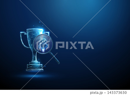 3D blue robot with magnifying glass and sports cup. Performance boost, ai acceleration, smart analytics, automated inspection, data checking, quality control concept 3D blue robot with magnifying glass and sports cup. Performance boost, ai acceleration, smart analytics, automated inspection, data checking, quality control concept 143373630