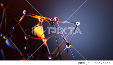 Futuristic network 3D background with connected glowing dots and lines. Neon glass polygonal mesh pattern with warm orange and blue light. Abstract geometric grid, low poly sphere. 3D illustration 143373762