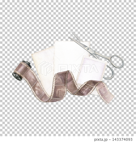 Vintage photographic film roll with scissors, blank paper with deckled edges and a photo frame. Hand-painted watercolor illustration for photography, scrapbooking, stationery and creative projects Vintage photographic film roll with scissors, blank paper with deckled edges and a photo frame. Hand-painted watercolor illustration for photography, scrapbooking, stationery and creative projects 143374093