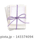 Stack of blank photo prints tied with a lavender cord and bow. Hand-painted watercolor illustration for photography, scrapbooking, photo albums, stationery and creative projects 143374094