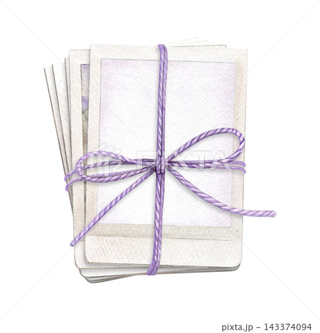 Stack of blank photo prints tied with a lavender cord and bow. Hand-painted watercolor illustration for photography, scrapbooking, photo albums, stationery and creative projects Stack of blank photo prints tied with a lavender cord and bow. Hand-painted watercolor illustration for photography, scrapbooking, photo albums, stationery and creative projects 143374094