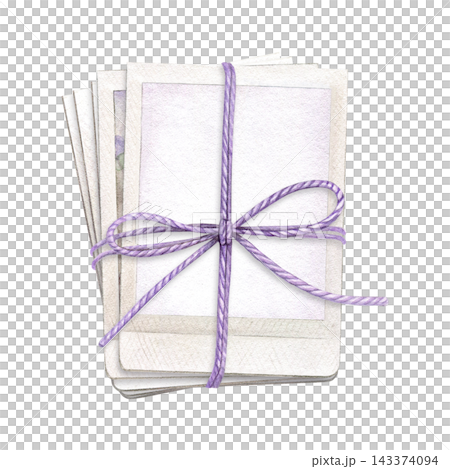 Stack of blank photo prints tied with a lavender cord and bow. Hand-painted watercolor illustration for photography, scrapbooking, photo albums, stationery and creative projects Stack of blank photo prints tied with a lavender cord and bow. Hand-painted watercolor illustration for photography, scrapbooking, photo albums, stationery and creative projects 143374094