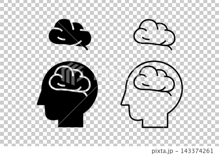 Icon set of brain and human body profile images - illustrations that can be used to depict dementia, cognitive function, etc. 143374261