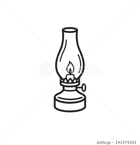 A simple black and white outline icon of a vintage glass oil lamp with a lit flame.  143374281