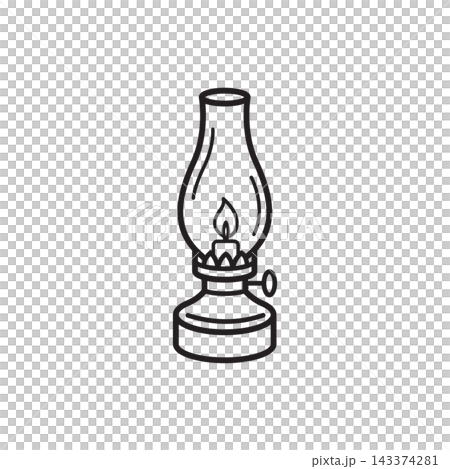A simple black and white outline icon of a vintage glass oil lamp with a lit flame.  143374281