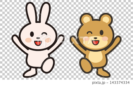 Cute animal character illustrations of a rabbit and a bear happily cheering and playing. Cute animal character illustrations of a rabbit and a bear happily cheering and playing. 143374334