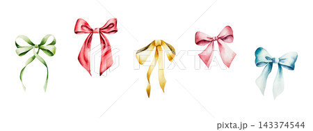Watercolo silk ribbon bows set isolated on background. Hand drawn satin red, yellow, blue, green gift illustration for Christmas decor and holiday package design. Detailed realistic romantic element f 143374544