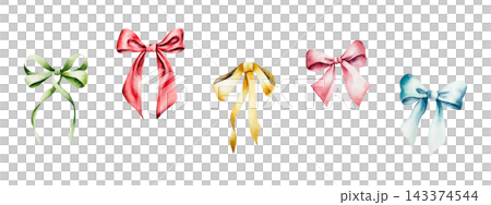 Watercolo silk ribbon bows set isolated on background. Hand drawn satin red, yellow, blue, green gift illustration for Christmas decor and holiday package design. Detailed realistic romantic element f 143374544