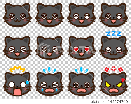 Cute black cat face icon illustrations showing various emotions (joy, anger, sadness, happiness) Cute black cat face icon illustrations showing various emotions (joy, anger, sadness, happiness) 143374740