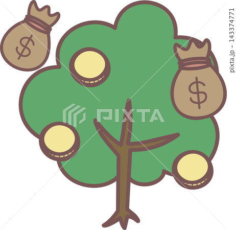 投資のイメージ・お金の木とコインとお金の袋のイラスト(線画) 143374771