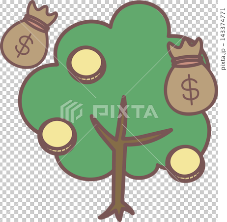 投資のイメージ・お金の木とコインとお金の袋のイラスト(線画) 143374771