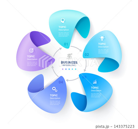 Modern 3D Circular Steps Ribbon Infographic Template for Business Result Concept Colorful Folded Ribbon Shapes Clean Vector Background. Modern 3D Circular Steps Ribbon Infographic Template for Business Result Concept Colorful Folded Ribbon Shapes Clean Vector Background. 143375223
