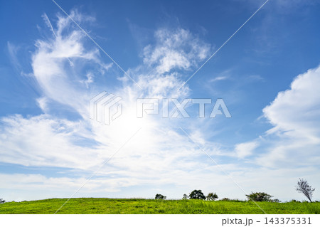 夏の青空と雲と草原 夏の青空と雲と草原 143375331