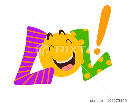 LOL! word icon. April Fool's Day comic emotional hand writing text and big smiling laughing face. Colourful emoji and lettering in pop art style. Isolated abstract design template LOL! word icon. April Fool's Day comic emotional hand writing text and big smiling laughing face. Colourful emoji and lettering in pop art style. Isolated abstract design template 143375360