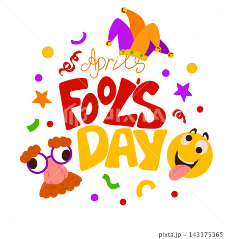 April Fools Day doodle poster template. Vector Illustration with hand writing lettering, laughting emoji, jester's hat. Party invitation. Flyer, poster, brochure, card April Fools Day doodle poster template. Vector Illustration with hand writing lettering, laughting emoji, jester's hat. Party invitation. Flyer, poster, brochure, card 143375365