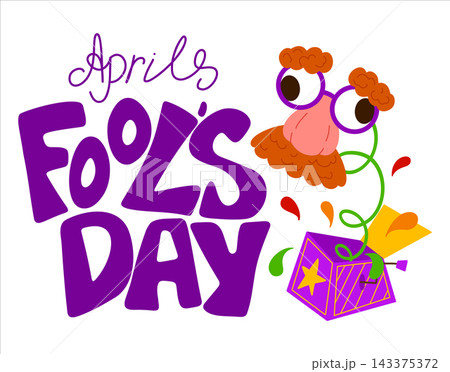 April Fool Day poster template. Vector Illustration with hand writing lettering and hand drawn jack in the box springing out of a box. Party invitation. Flyer, poster, brochure, card, banner 143375372
